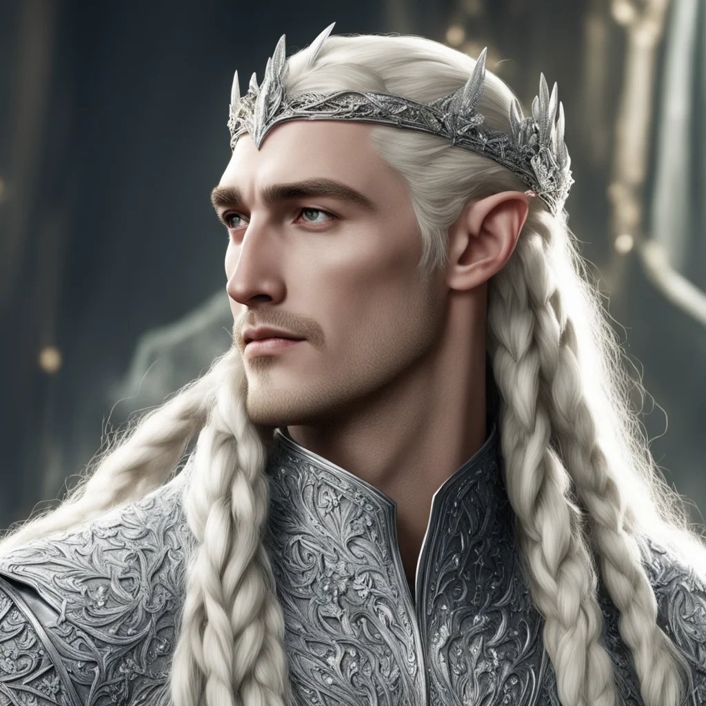 king thranduil with blond hair and braids wearing silver that are encrusted with diamonds with diamond berries on head good looking trending fantastic 1