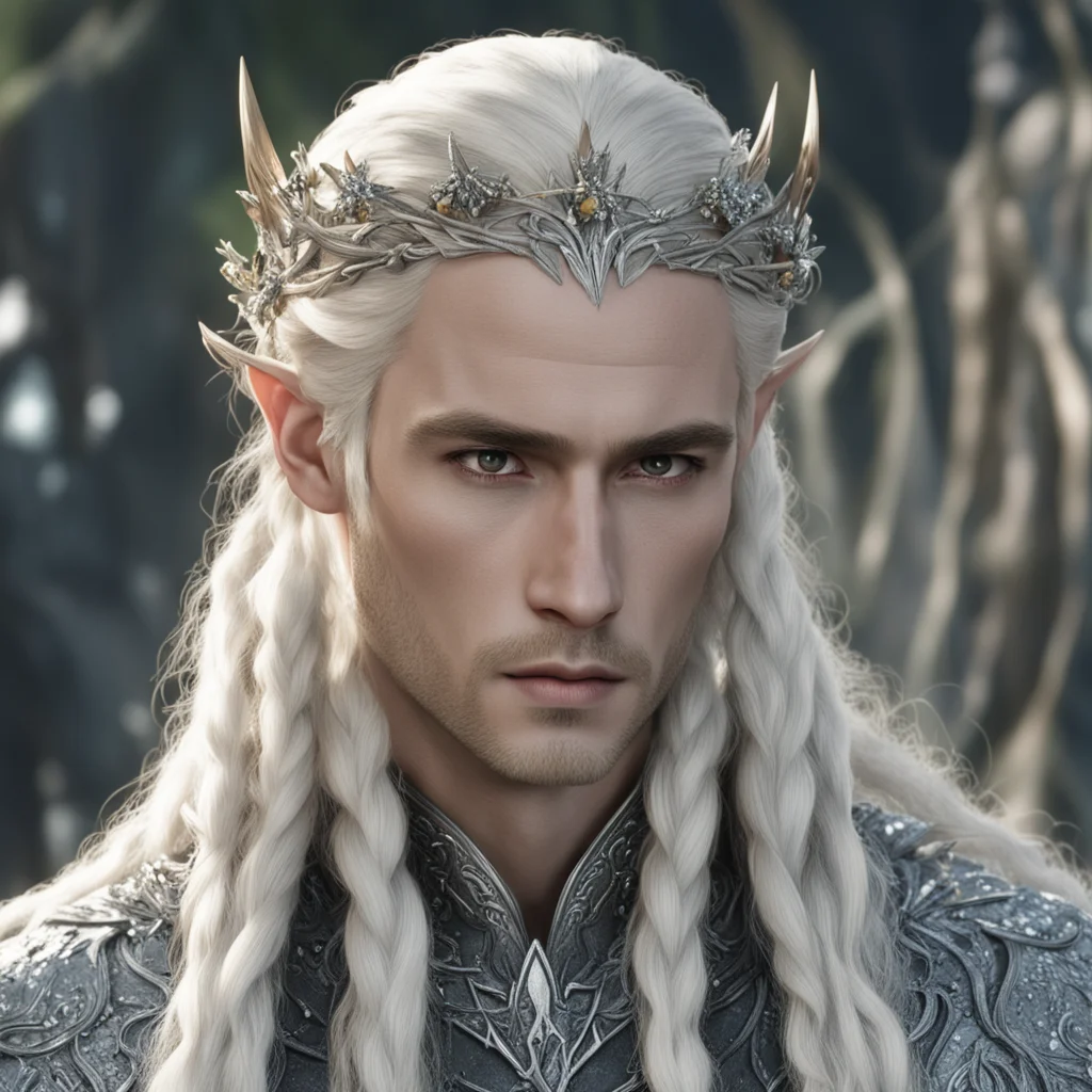 king thranduil with blond hair and braids wearing silver that are encrusted with diamonds with diamond berries on head