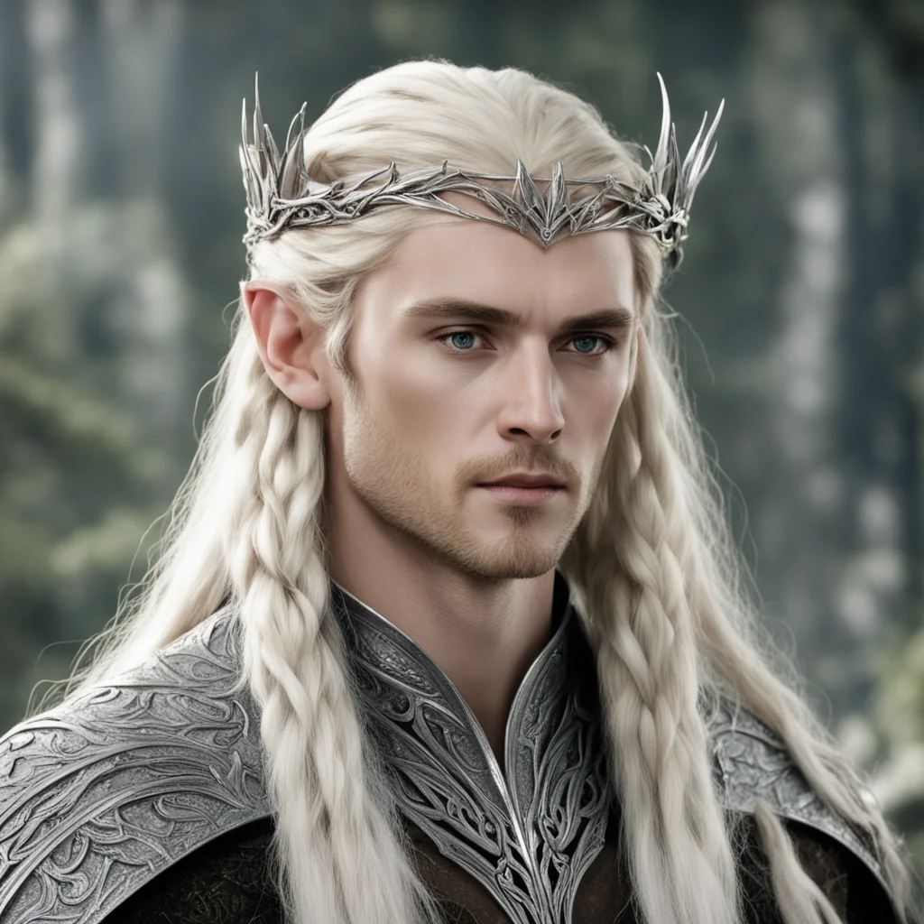 king thranduil with blond hair and braids wearing silver the hobbit elvish coronet with large center diamond  good looking trending fantastic 1