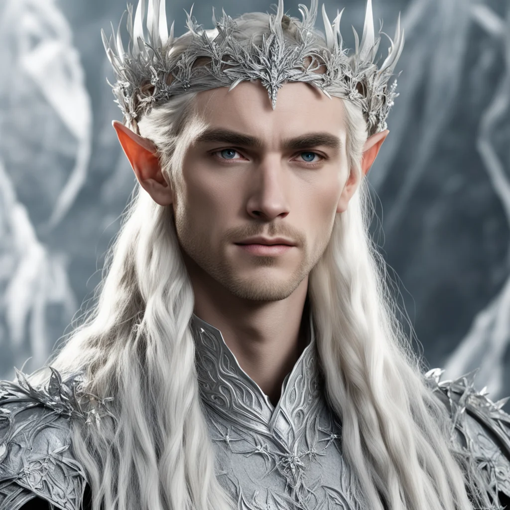 king thranduil with blond hair and braids wearing silver thorns and silver flowers with diamonds silver elvish circlet with large center diamond good looking trending fantastic 1