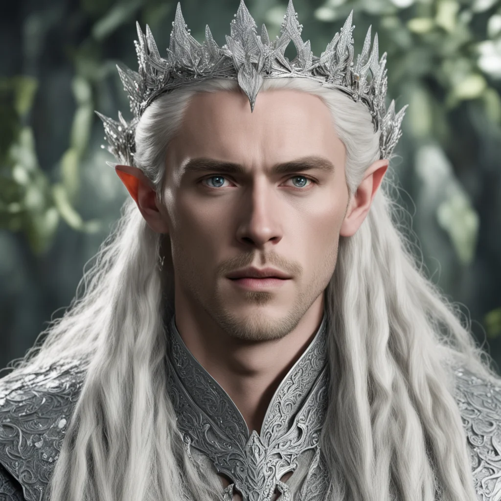 aiking thranduil with blond hair and braids wearing silver trumpet vine encrusted with diamonds forming a silver elvish coronet with large center diamond confident engaging wow artstation art 3