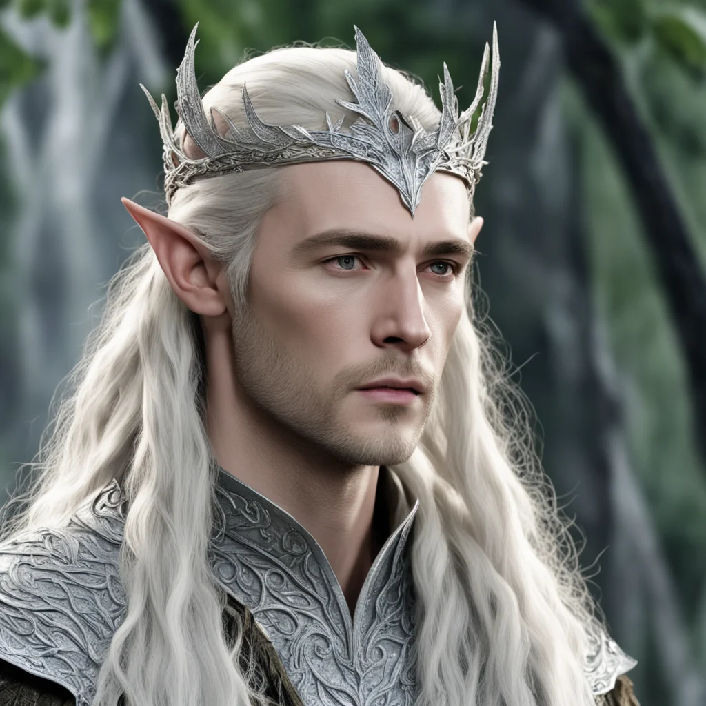 king thranduil with blond hair and braids wearing silver twig and leaf silver elvish circlet encrusted with diamonds with large center diamond  confident engaging wow artstation art 3