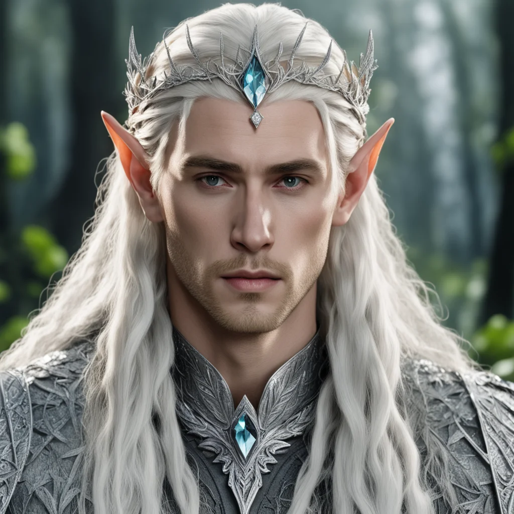 king thranduil with blond hair and braids wearing silver twig and leaf silver elvish circlet encrusted with diamonds with large center diamond 