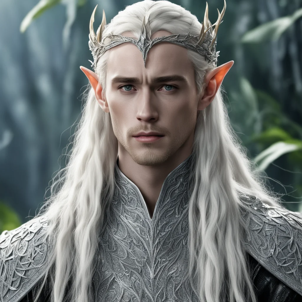 king thranduil with blond hair and braids wearing silver twig and leaf silver elvish circlet encrusted with diamonds with large center dianond amazing awesome portrait 2
