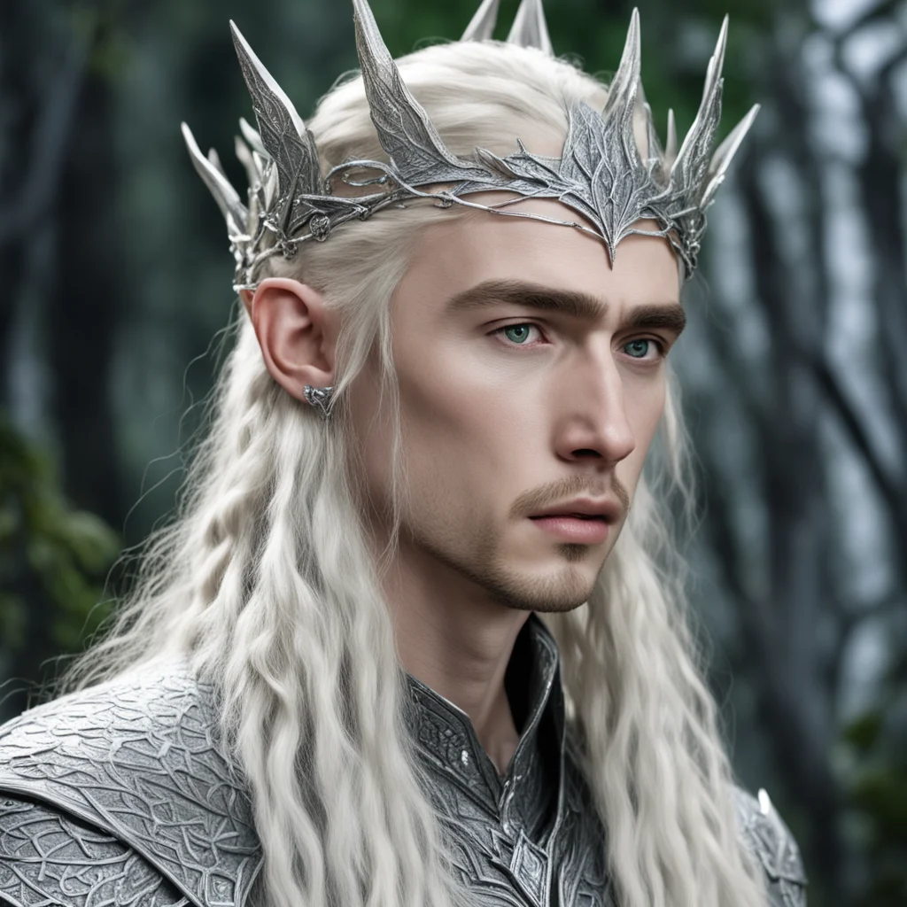 king thranduil with blond hair and braids wearing silver twig and leaf silver elvish circlet encrusted with diamonds with large center dianond good looking trending fantastic 1