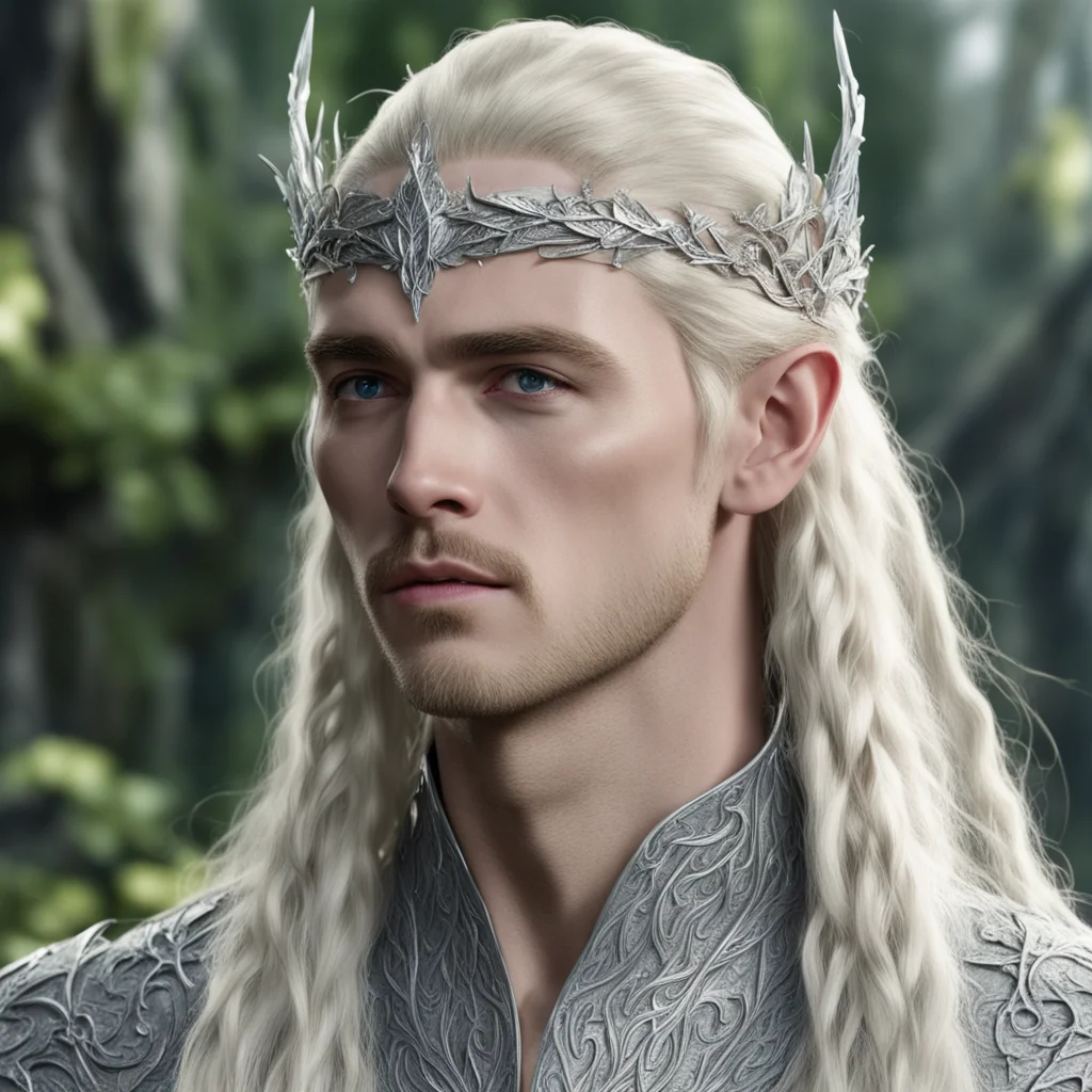 king thranduil with blond hair and braids wearing silver twig and leaf silver elvish circlet encrusted with diamonds with large center dianond