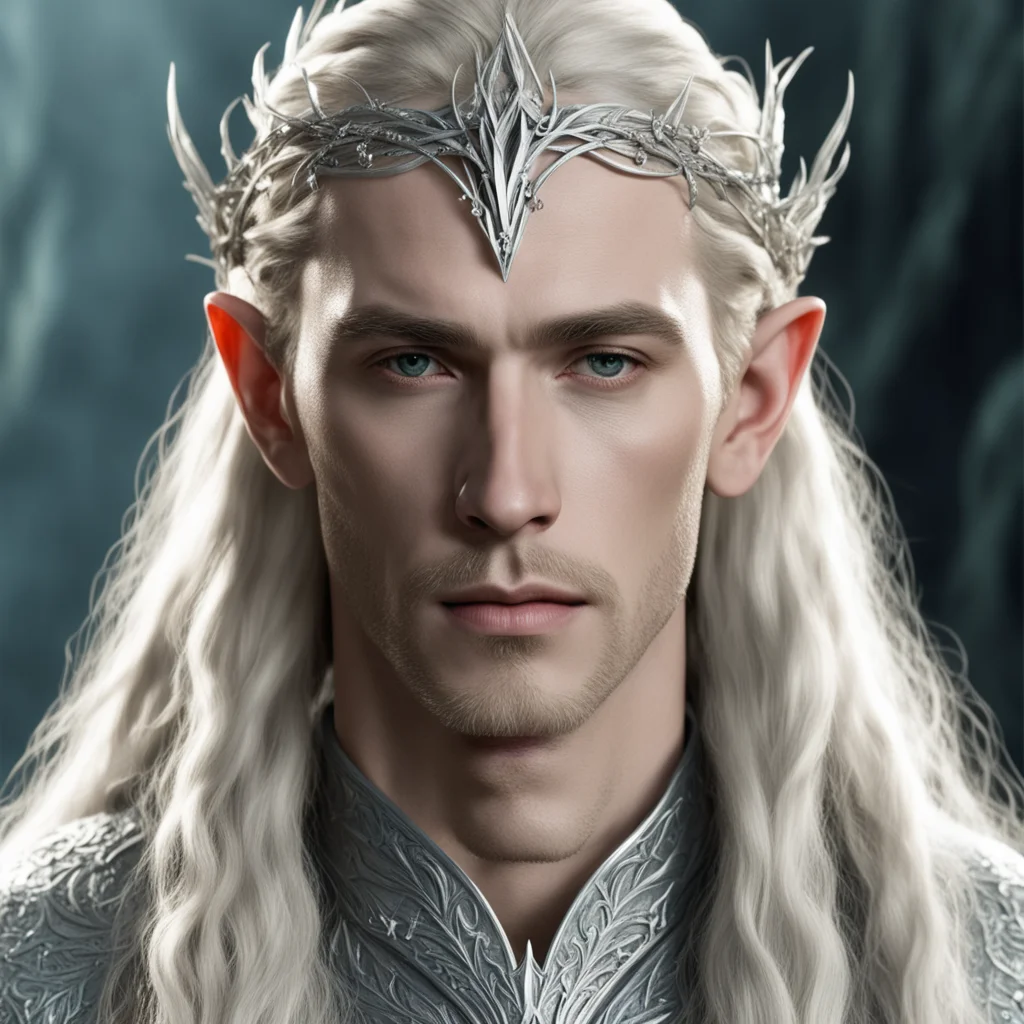 king thranduil with blond hair and braids wearing silver twig intermingled with diamonds to form a silver elvish circlet with large center diamond amazing awesome portrait 2