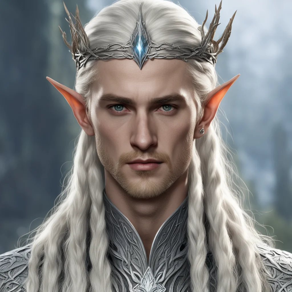 king thranduil with blond hair and braids wearing silver twig to form a small silver elvish circlet with large center diamond