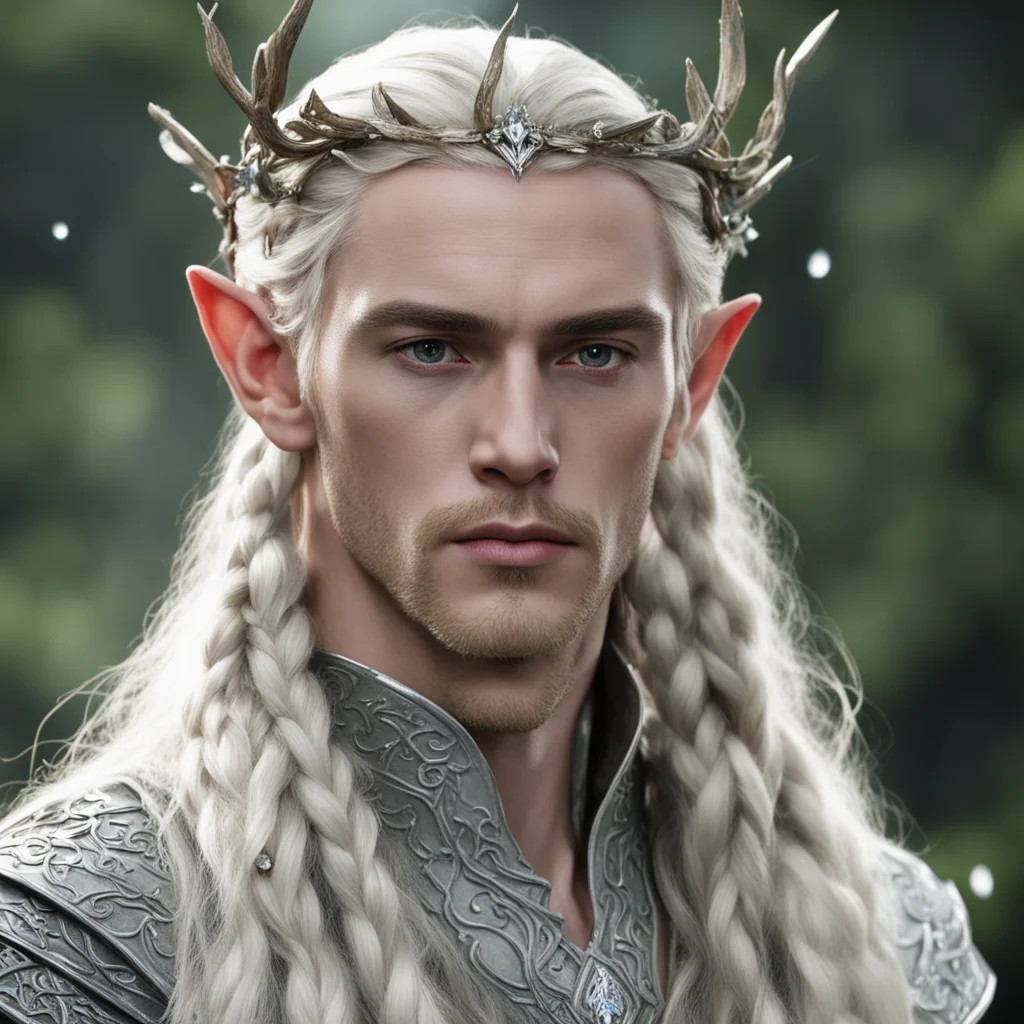 king thranduil with blond hair and braids wearing silver twig with diamond berry elvish circlet with large center diamond amazing awesome portrait 2