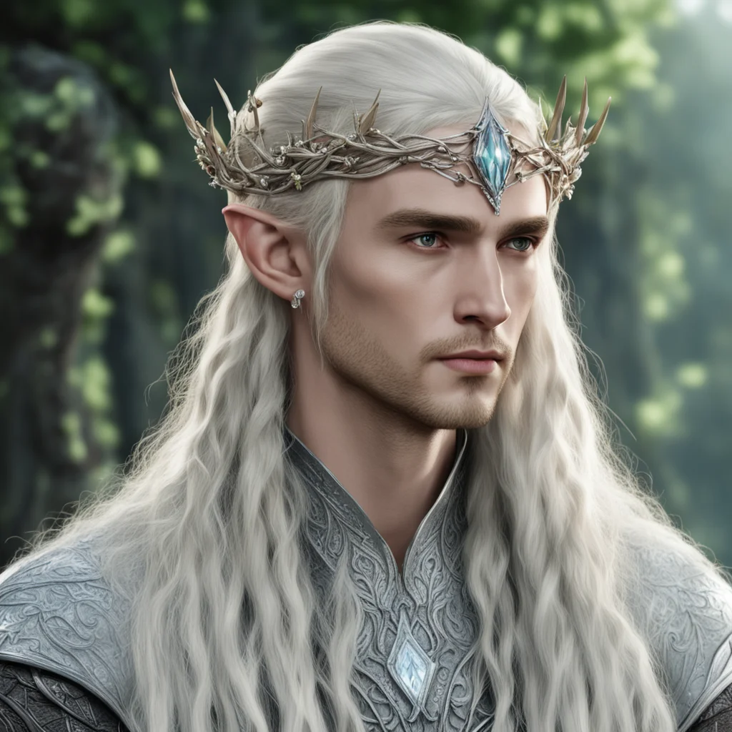 aiking thranduil with blond hair and braids wearing silver twig with diamond berry elvish circlet with large center diamond confident engaging wow artstation art 3