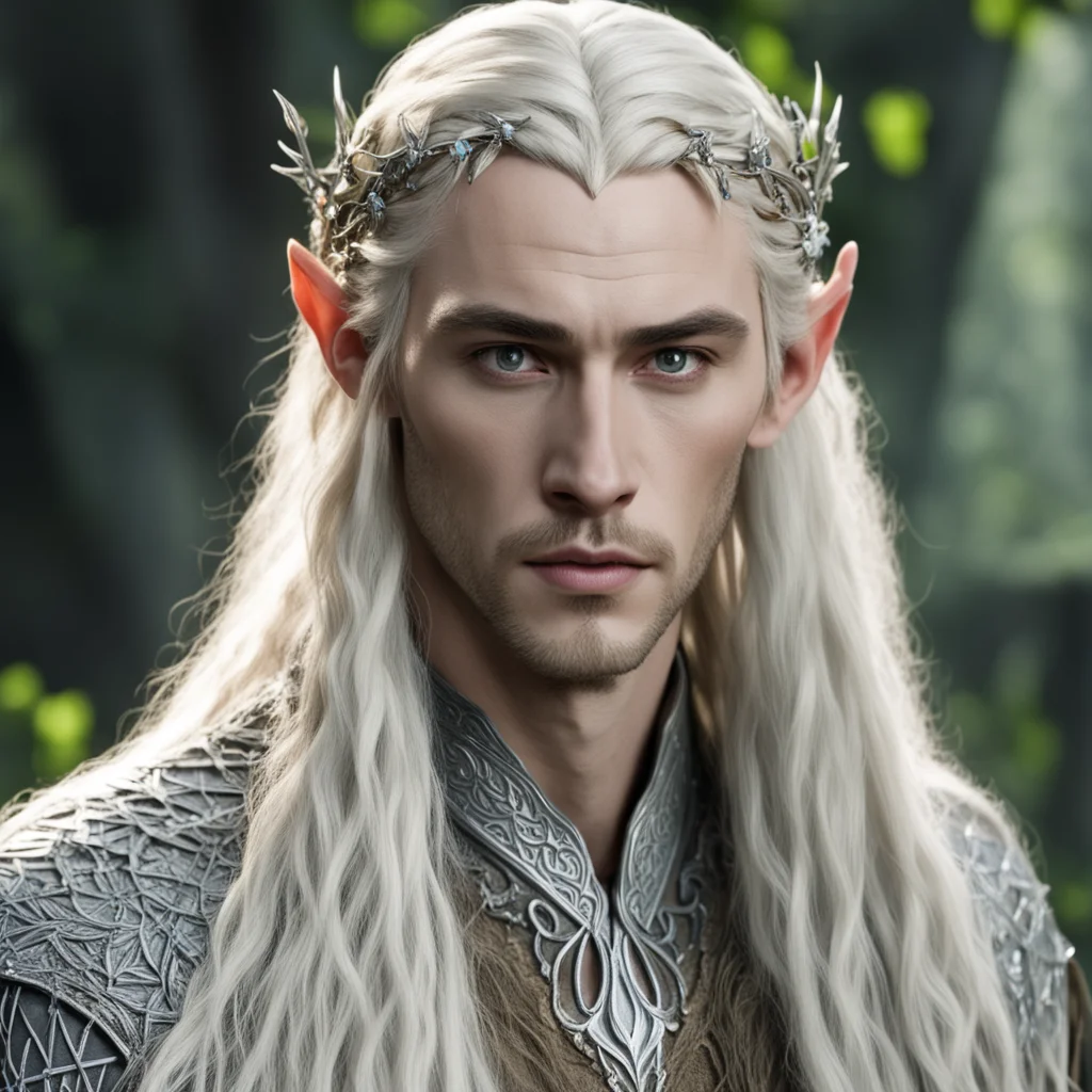 king thranduil with blond hair and braids wearing silver twig with diamond berry elvish circlet with large center diamond good looking trending fantastic 1
