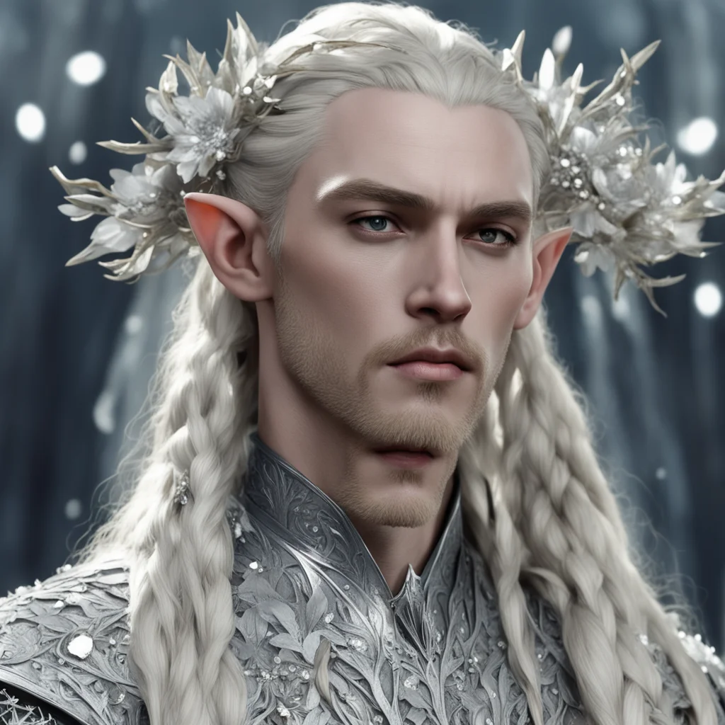 king thranduil with blond hair and braids wearing silver twigs and large silver flowers encrusted with diamonds with large center diamond amazing awesome portrait 2