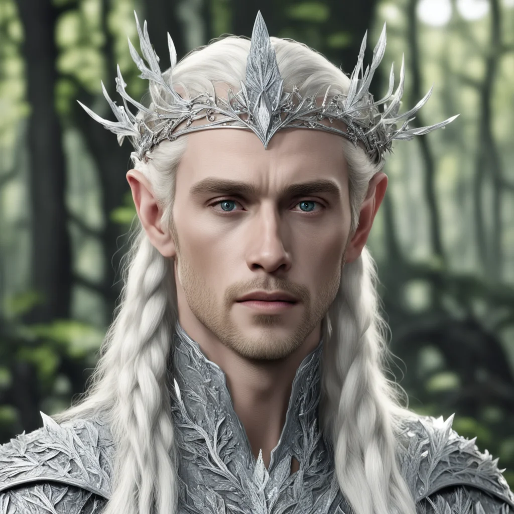 king thranduil with blond hair and braids wearing silver twigs and leaves encrusted with diamonds to form a silver elvish circlet with large center diamond cluster amazing awesome portrait 2