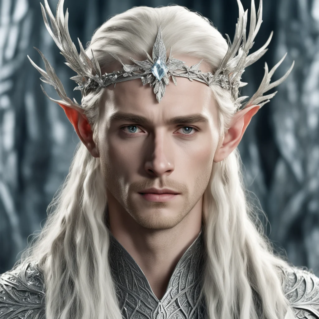 king thranduil with blond hair and braids wearing silver twigs and leaves encrusted with diamonds to form a silver elvish circlet with large center diamond cluster