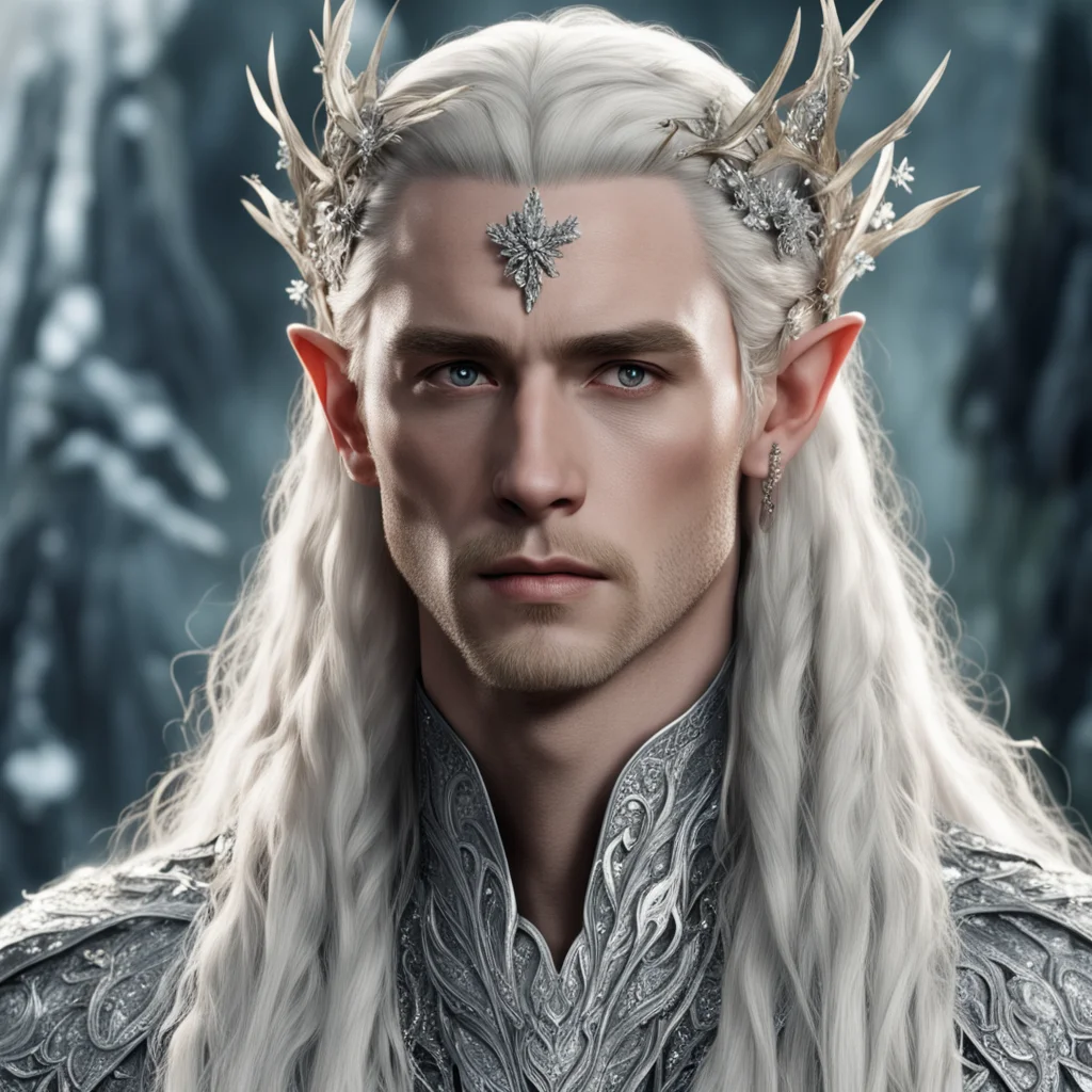 king thranduil with blond hair and braids wearing silver twigs and silver flowers encrusted with diamonds with large center diamond amazing awesome portrait 2