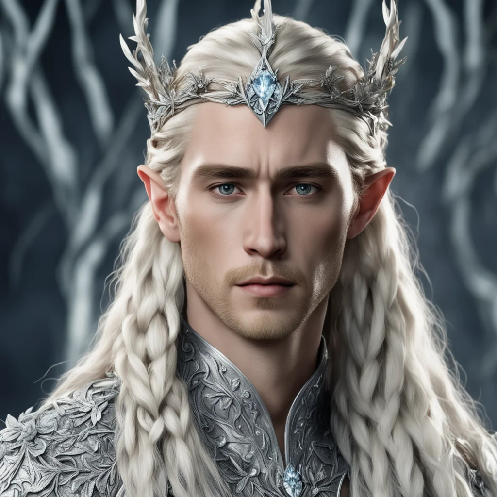 king thranduil with blond hair and braids wearing silver twigs and silver flowers encrusted with diamonds with large center diamond confident engaging wow artstation art 3