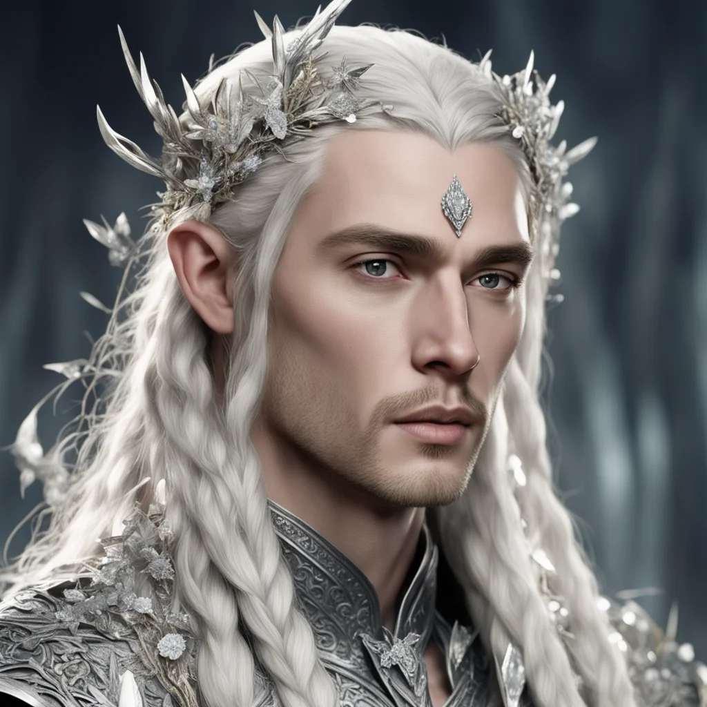 king thranduil with blond hair and braids wearing silver twigs and silver flowers encrusted with diamonds with large center diamond