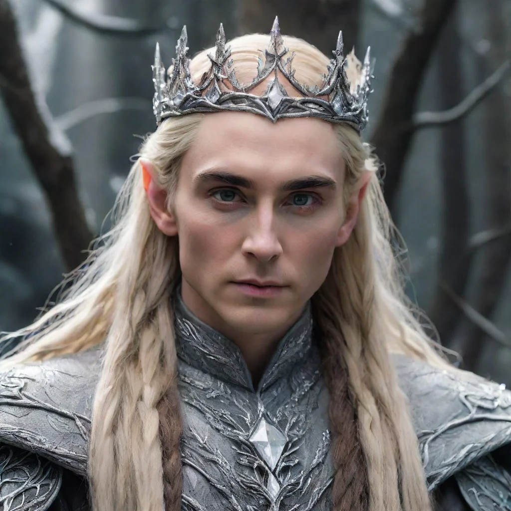king thranduil with blond hair and braids wearing silver twigs encrusted with diamonds forming a silver elvish crown with large center diamond