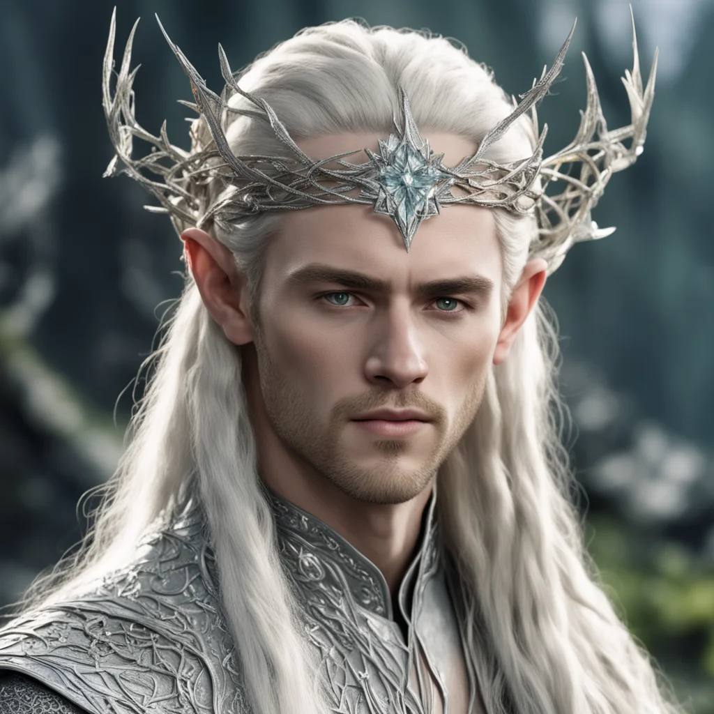 king thranduil with blond hair and braids wearing silver twigs encrusted with diamonds intertwined into a serpentine silver elvish circlet with large center diamond