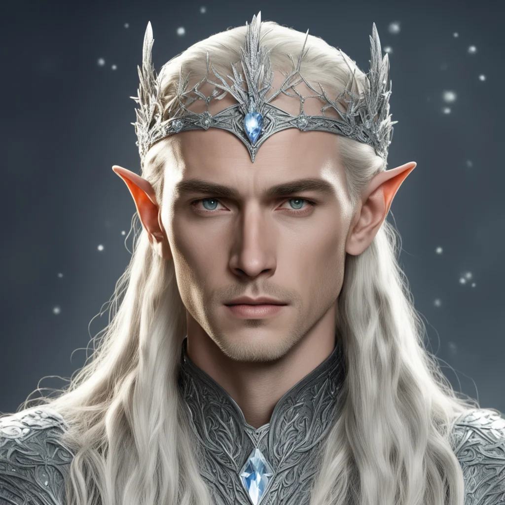 king thranduil with blond hair and braids wearing silver twigs encrusted with diamonds with clusters of diamonds forming a silver elvish circlet with large diamond at center of circlet