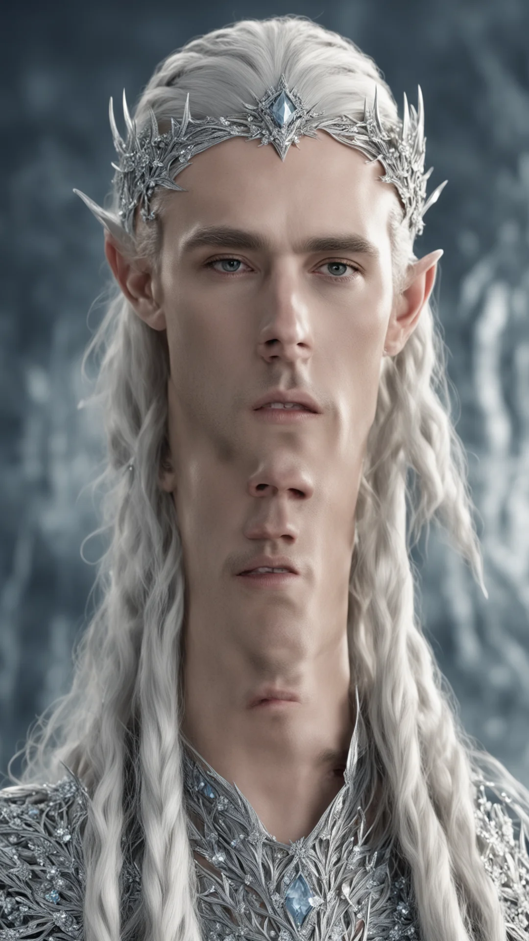 king thranduil with blond hair and braids wearing silver twigs encrusted with diamonds with clusters of large diamonds to form a silver elvish circlet with large center diamond tall
