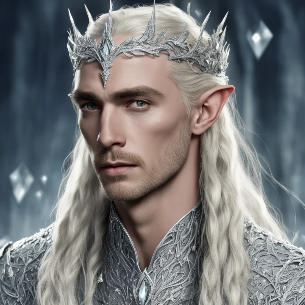 king thranduil with blond hair and braids wearing silver twigs encrusted with diamonds with clusters of large diamonds to form a silver elvish circlet with large center diamond