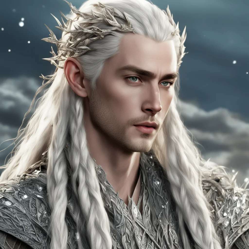 king thranduil with blond hair and braids wearing silver twigs intertwined with large clusters of diamonds in hair
