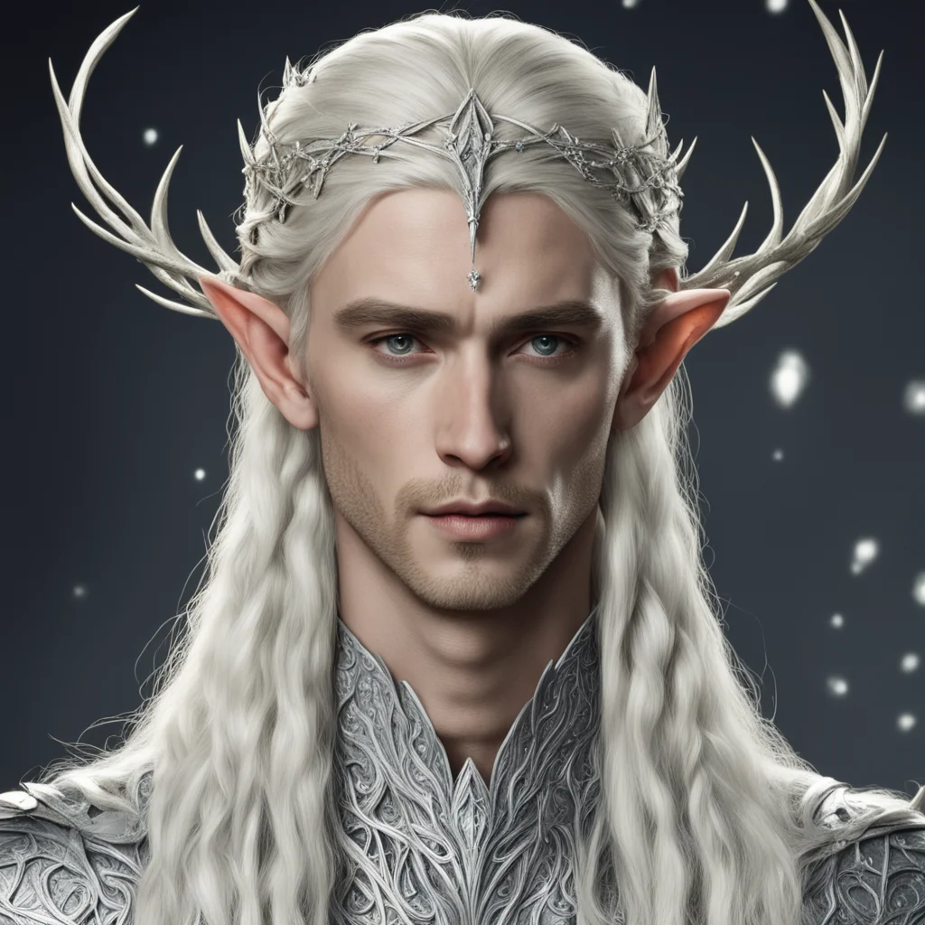 king thranduil with blond hair and braids wearing silver twigs with clusters of diamonds intertwined to form a silver elvish circlet with large center diamond good looking trending fantastic 1
