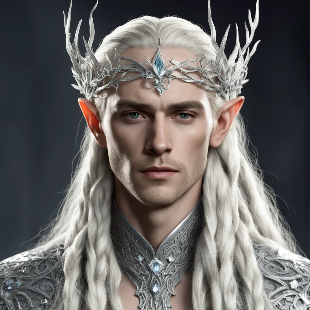 king thranduil with blond hair and braids wearing silver twigs with clusters of diamonds intertwined to form a silver elvish circlet with large center diamond