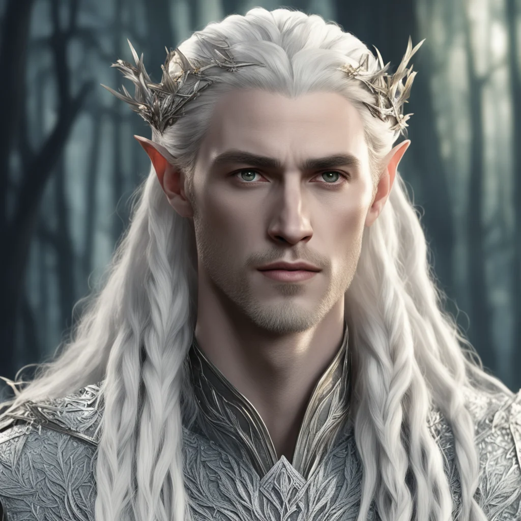king thranduil with blond hair and braids wearing silver twigs with silver leaves with diamonds in hair amazing awesome portrait 2