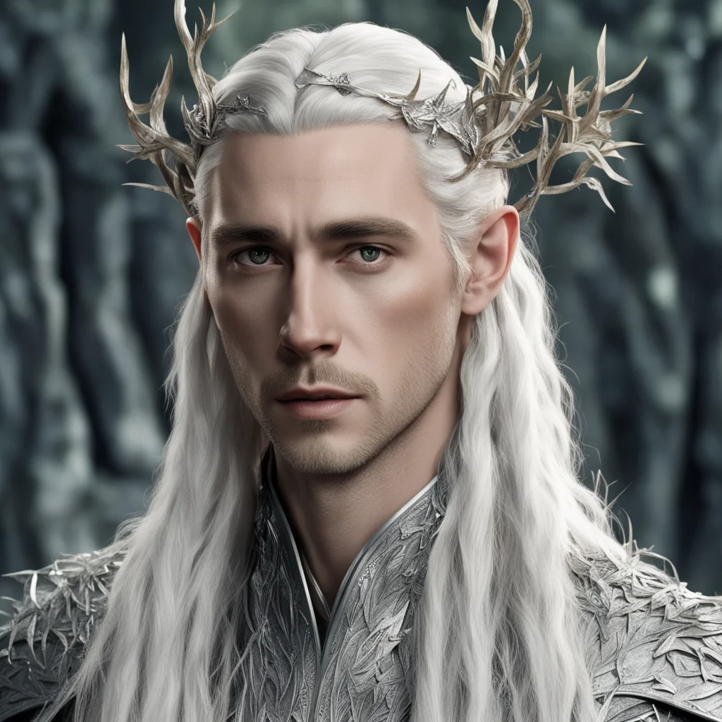 king thranduil with blond hair and braids wearing silver twigs with silver leaves with diamonds in hair confident engaging wow artstation art 3
