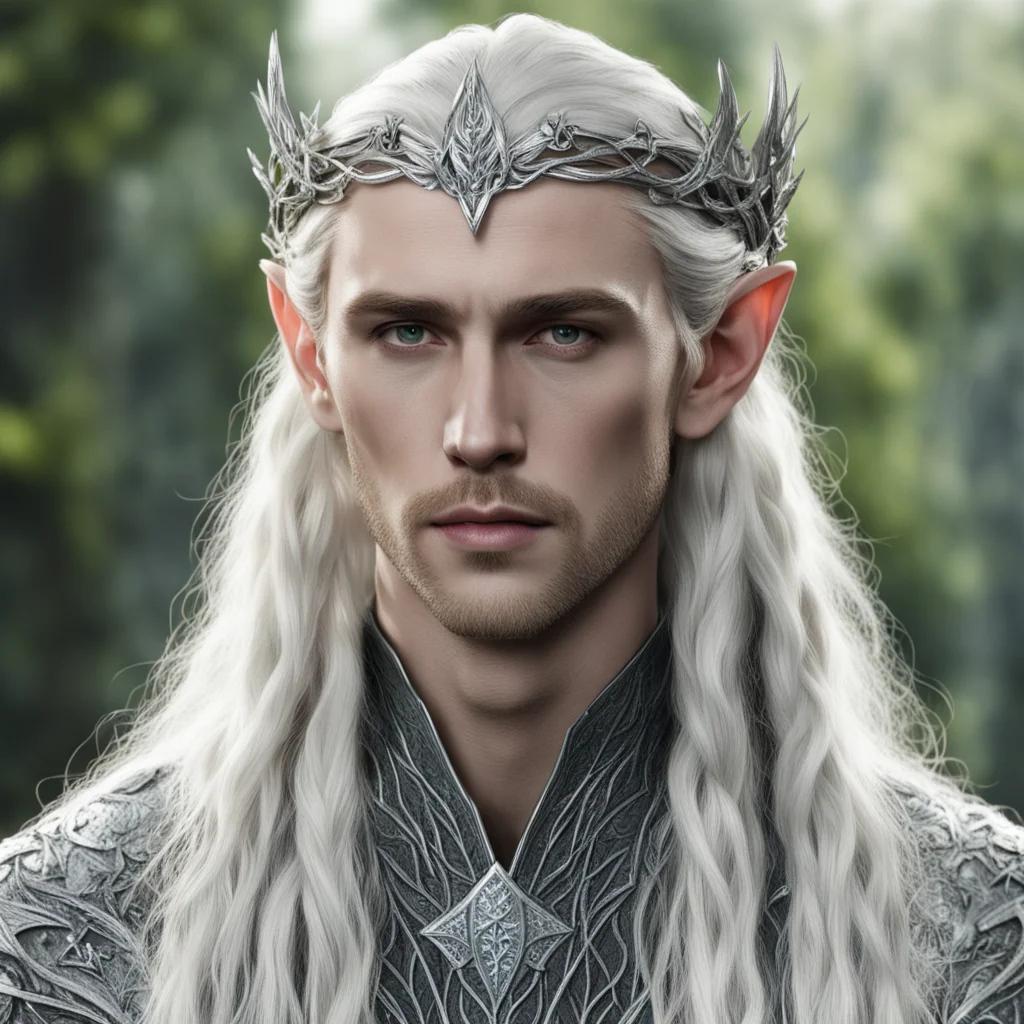 king thranduil with blond hair and braids wearing silver vine and leaf silver elvish circlet encrusted with diamonds with large center diamond  good looking trending fantastic 1