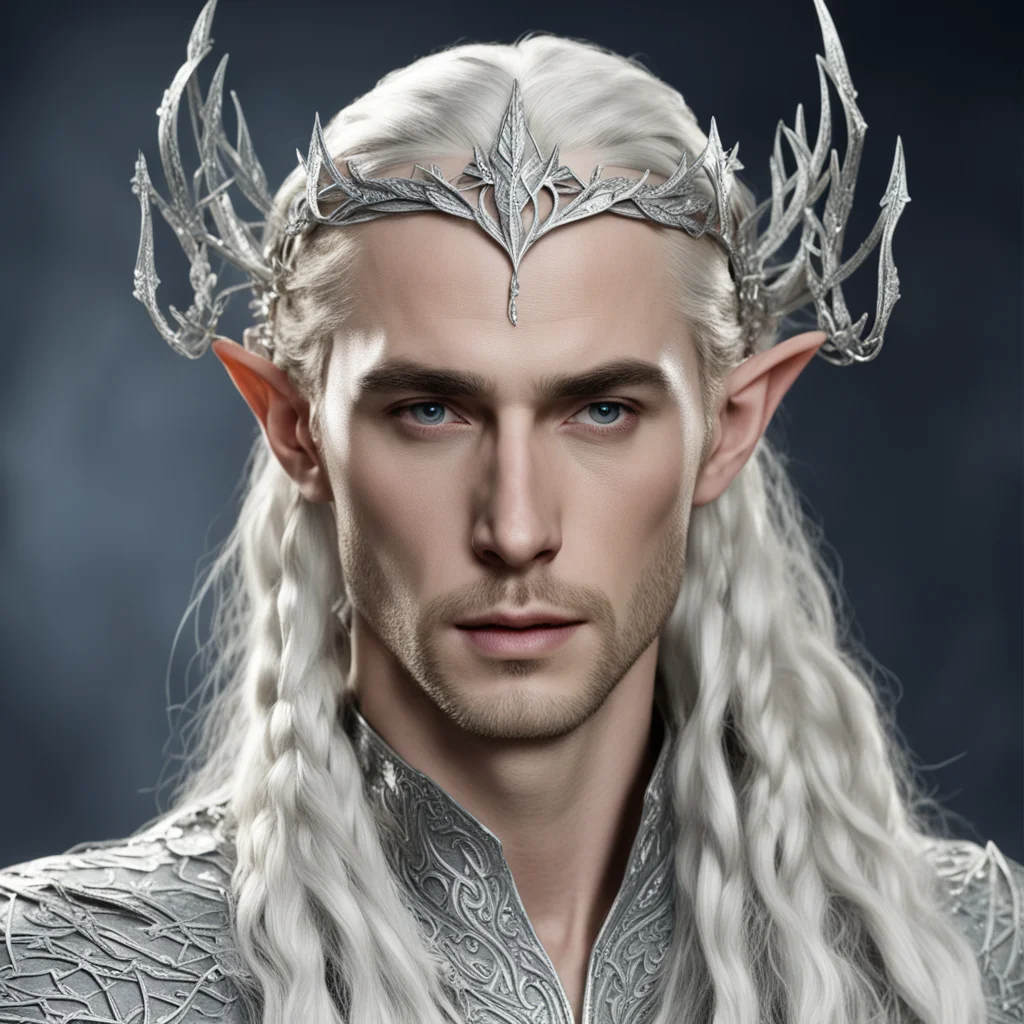 king thranduil with blond hair and braids wearing silver vine and leaf silver elvish circlet encrusted with diamonds with large center diamond 