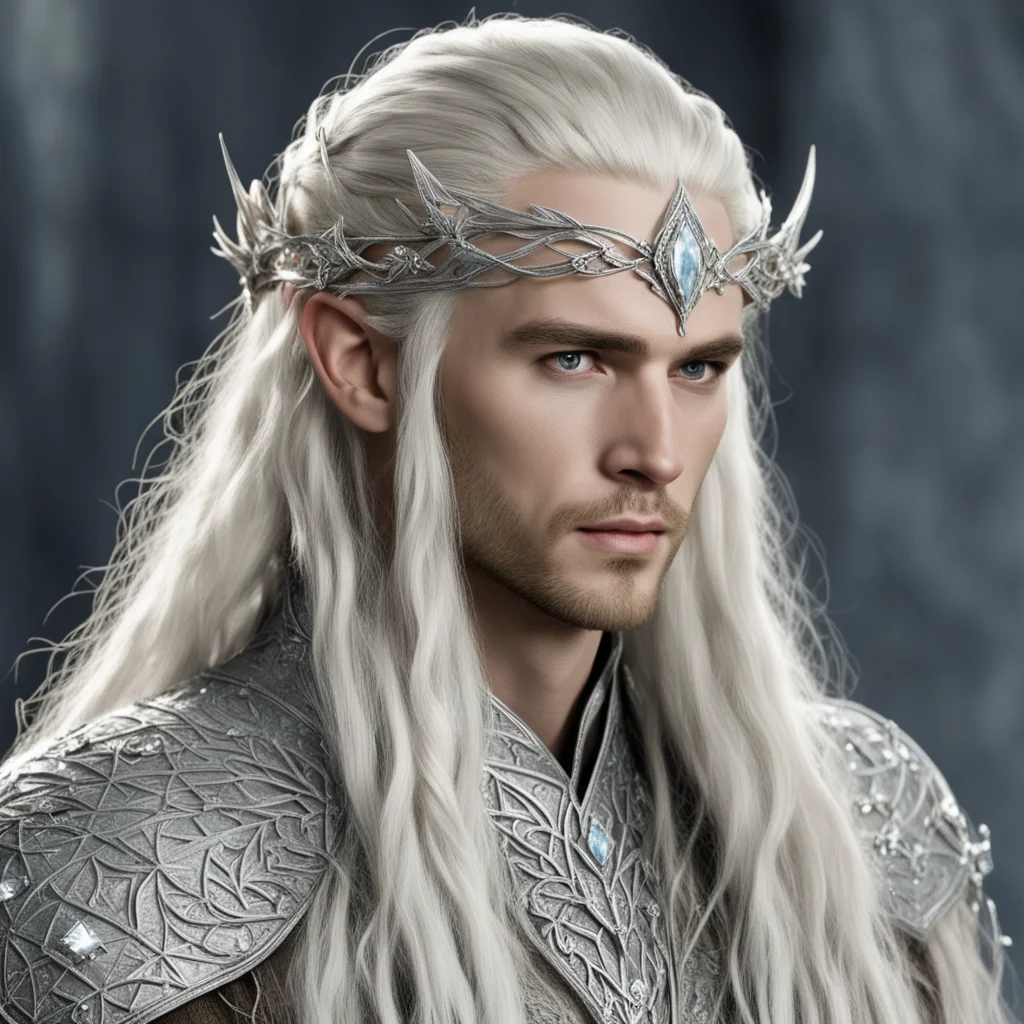 king thranduil with blond hair and braids wearing silver vine and leaf silver elvish circlet encrusted with large diamonds with large center diamond amazing awesome portrait 2