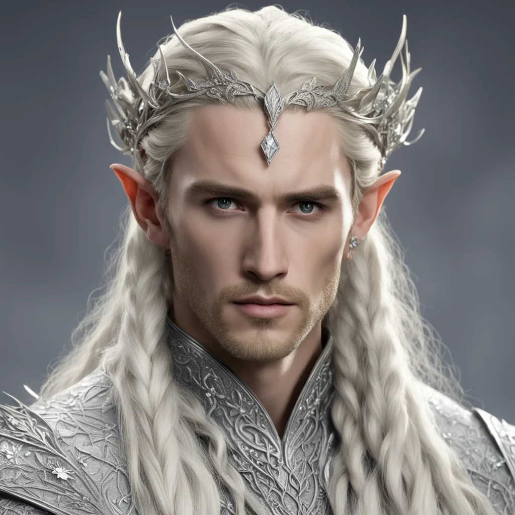 king thranduil with blond hair and braids wearing silver vine and leaf silver elvish circlet encrusted with large diamonds with large center diamond good looking trending fantastic 1
