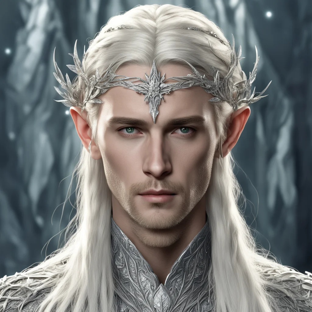 king thranduil with blond hair and braids wearing silver vine and silver leaves encrusted with diamonds to form a silver elvish circlet with large center diamond amazing awesome portrait 2