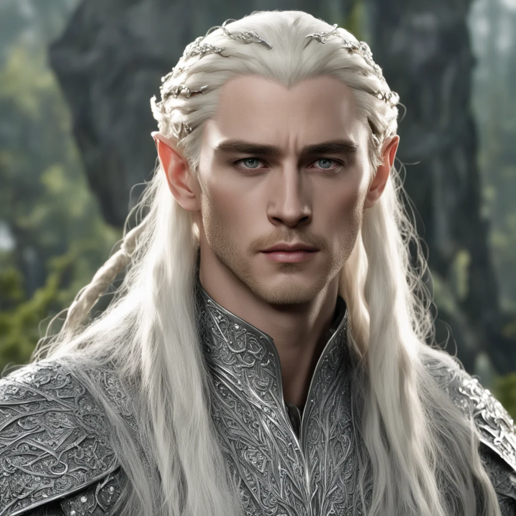 king thranduil with blond hair and braids wearing silver vine elvish hair fork encrusted with large diamonds confident engaging wow artstation art 3