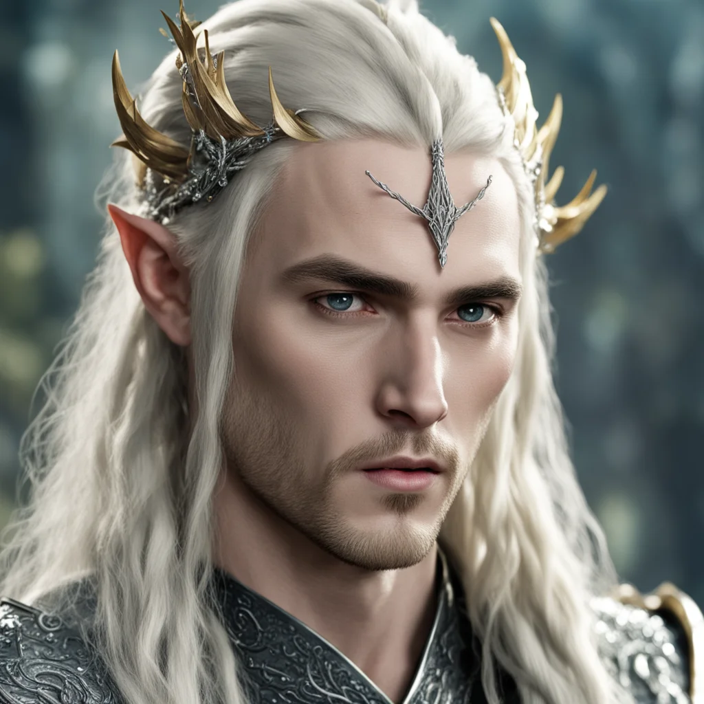 king thranduil with blond hair and braids wearing silver vine elvish hair fork encrusted with large diamonds