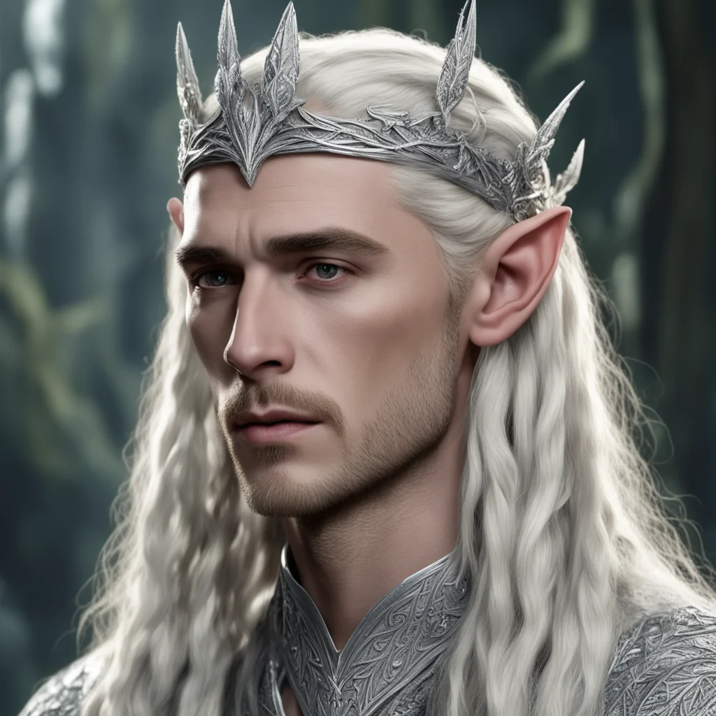 king thranduil with blond hair and braids wearing silver vine encrusted with diamonds to form small silver noldorin circlet with large center diamond amazing awesome portrait 2