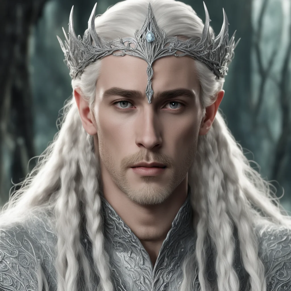 king thranduil with blond hair and braids wearing silver vine encrusted with diamonds to form small silver noldorin circlet with large center diamond good looking trending fantastic 1