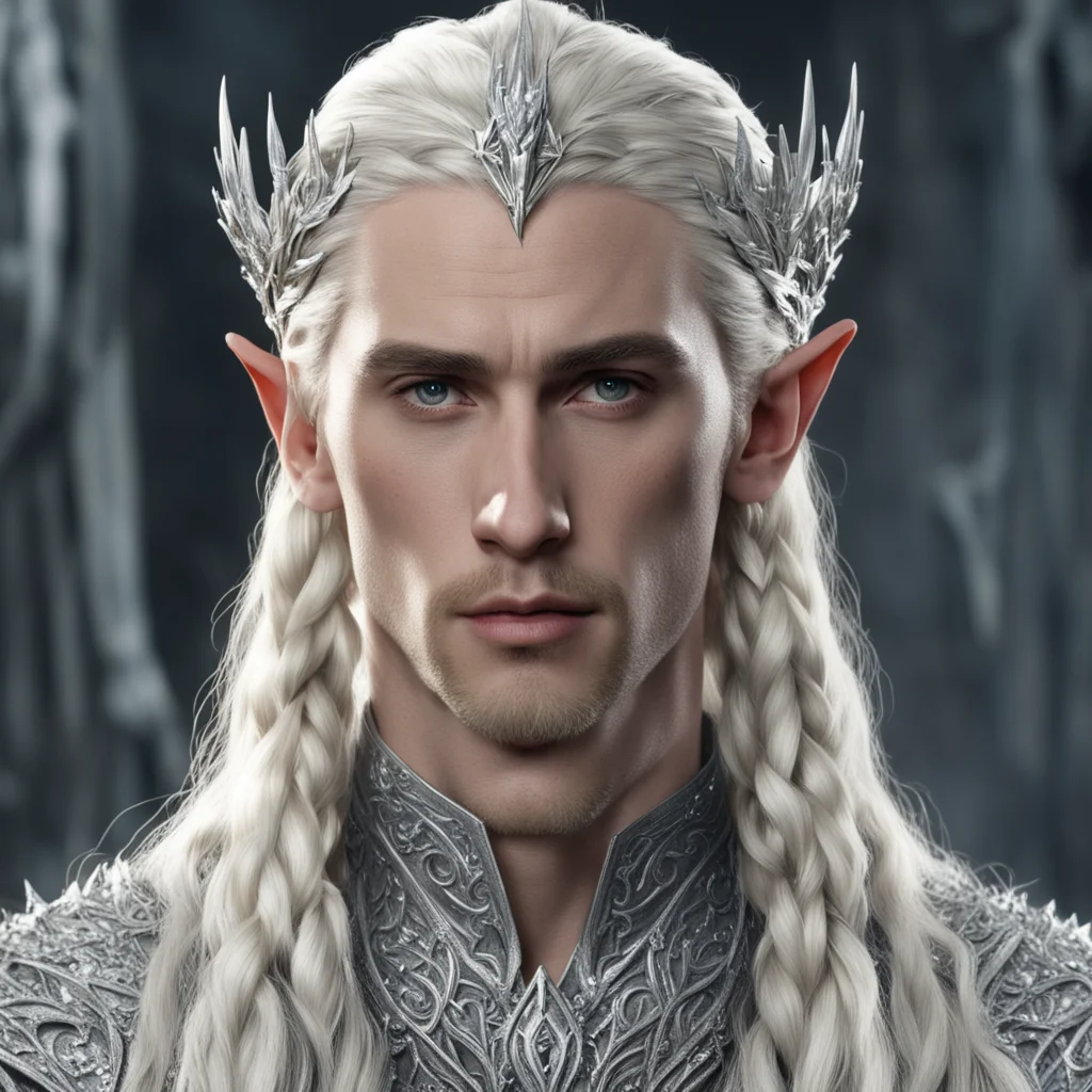 king thranduil with blond hair and braids wearing silver vine encrusted with diamonds to form small silver noldorin circlet with large center diamond