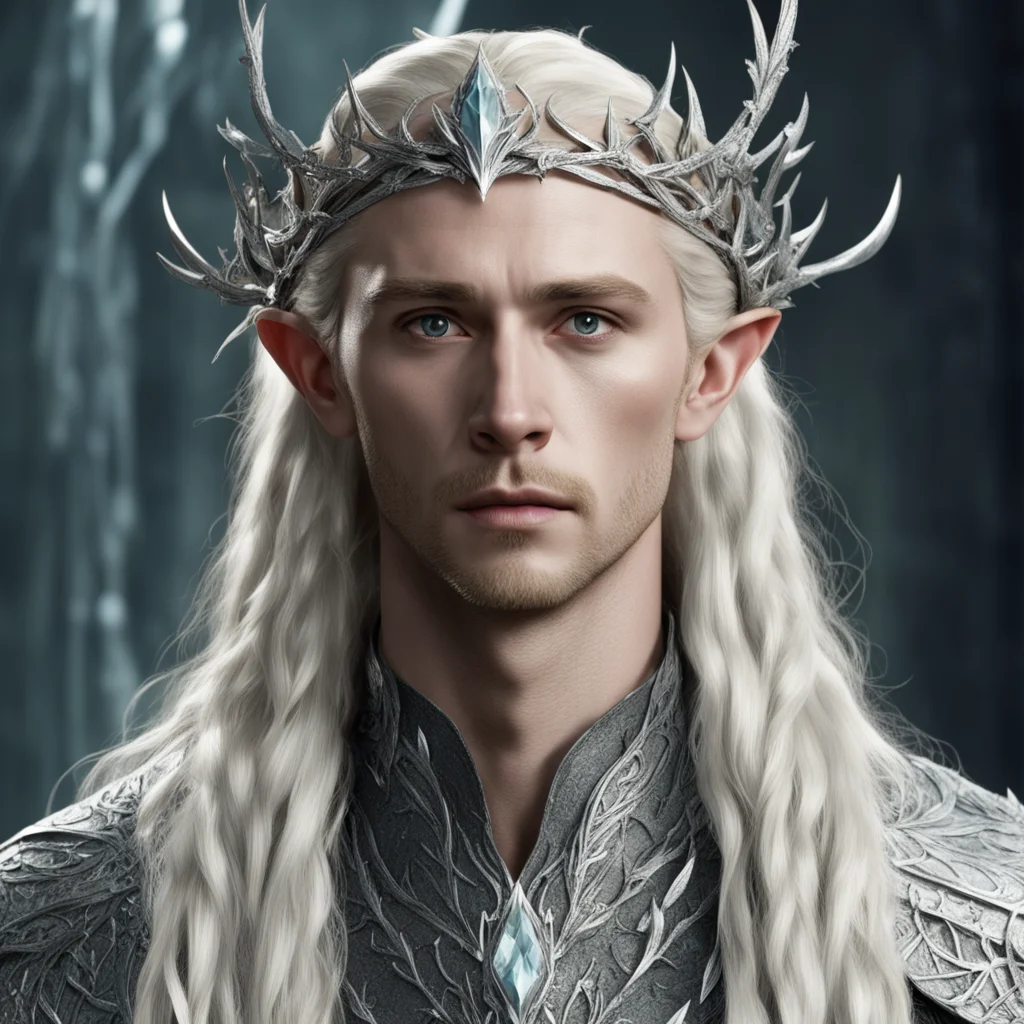 king thranduil with blond hair and braids wearing silver vine of thorns and leaves with silver elvish circlet encrusted with diamonds with large diamond in the center amazing awesome portrait 2