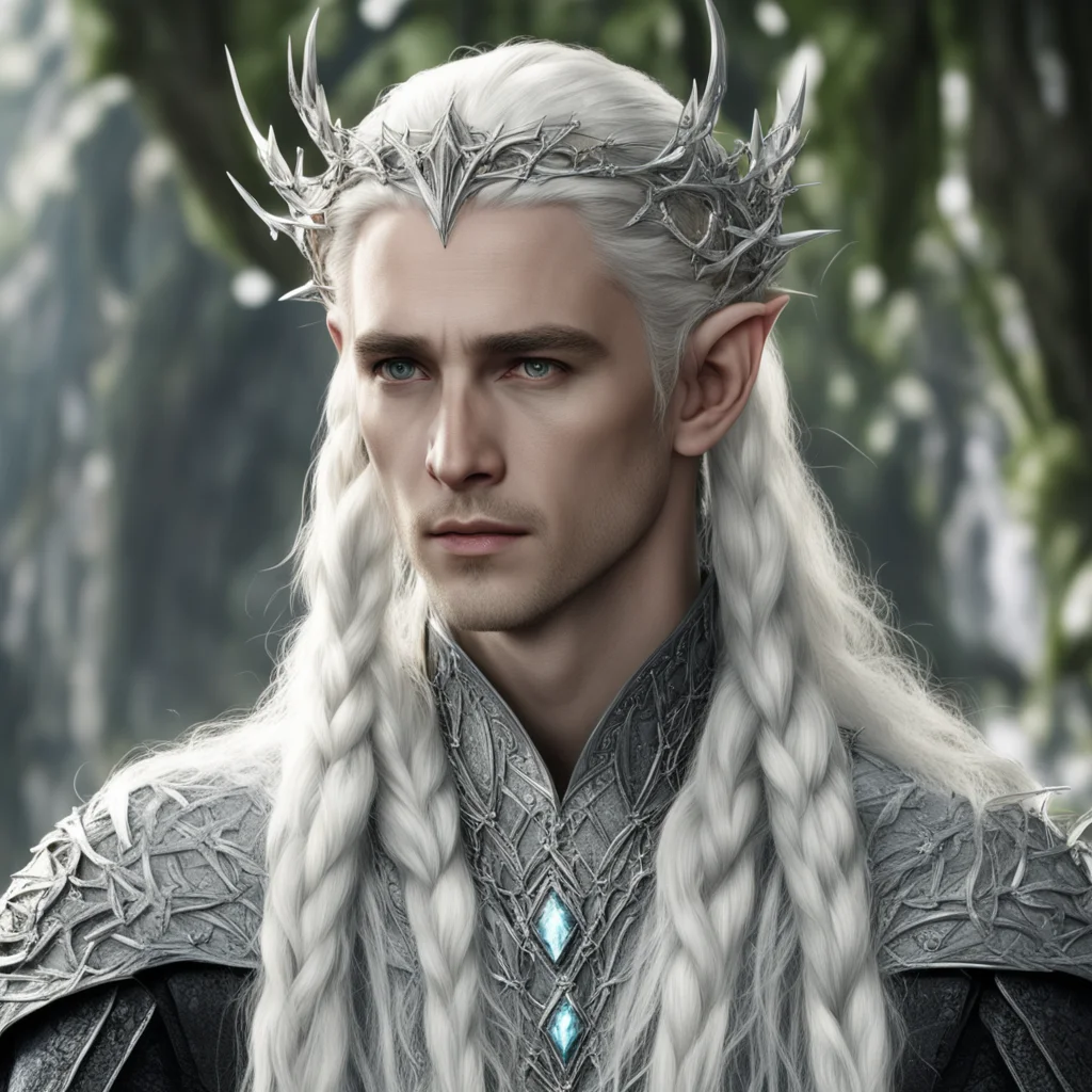 king thranduil with blond hair and braids wearing silver vine of thorns intertwined with clusters of large diamonds silver elvish circlet with large center diamond amazing awesome portrait 2