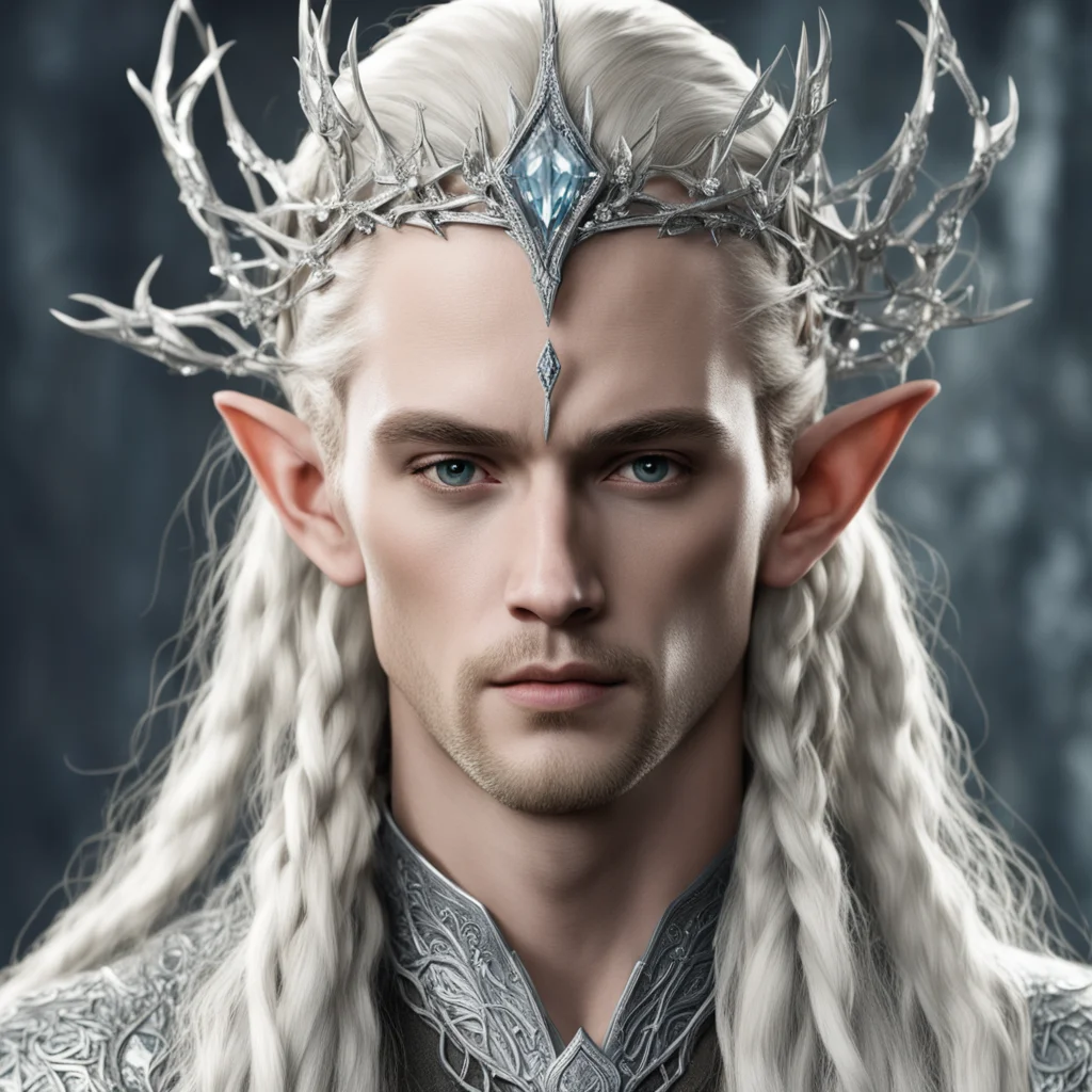 king thranduil with blond hair and braids wearing silver vine of thorns intertwined with clusters of large diamonds silver elvish circlet with large center diamond