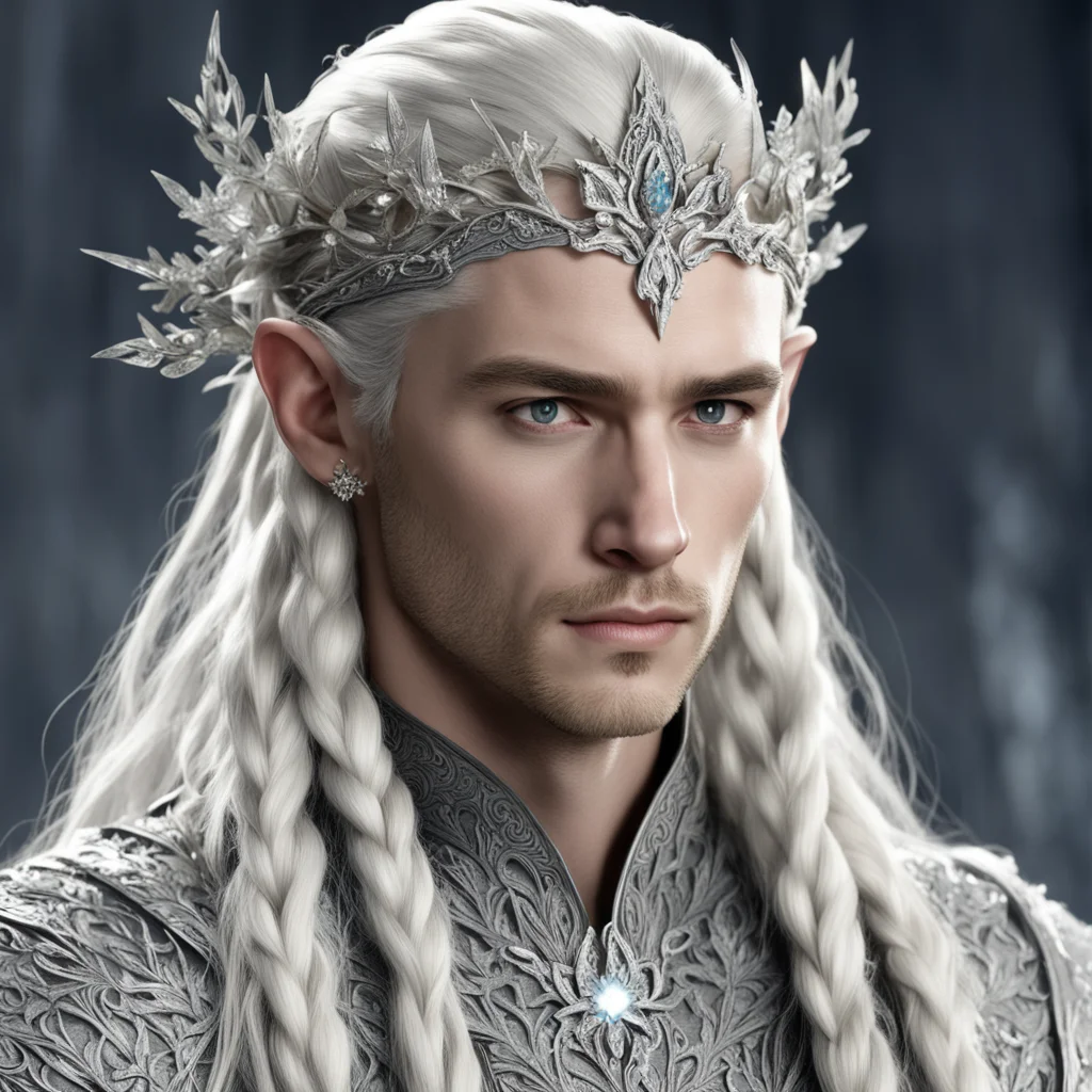 king thranduil with blond hair and braids wearing silver vines and silver flowers encrusted with diamonds with large center diamond to form a silver elvish circlet amazing awesome portrait 2