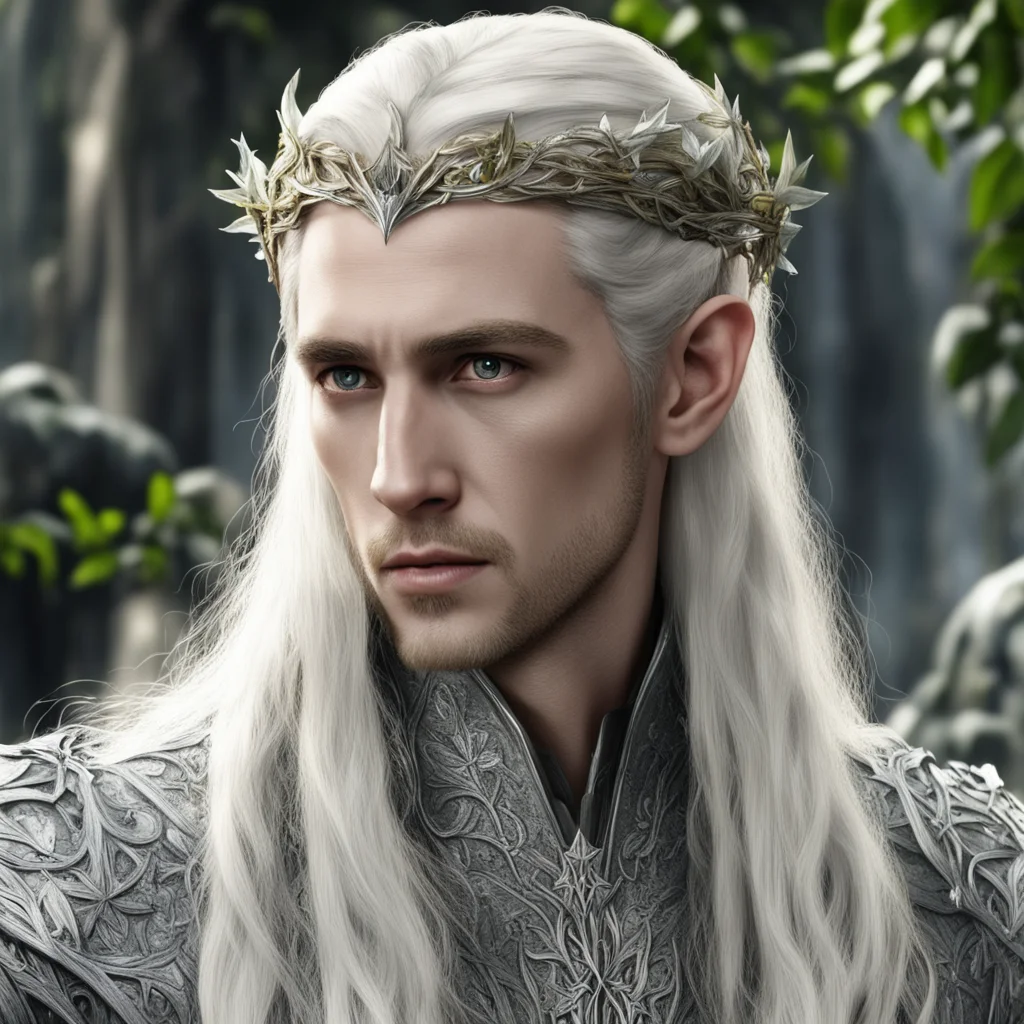 king thranduil with blond hair and braids wearing silver vines and silver ivy leaves with diamonds in the hair amazing awesome portrait 2