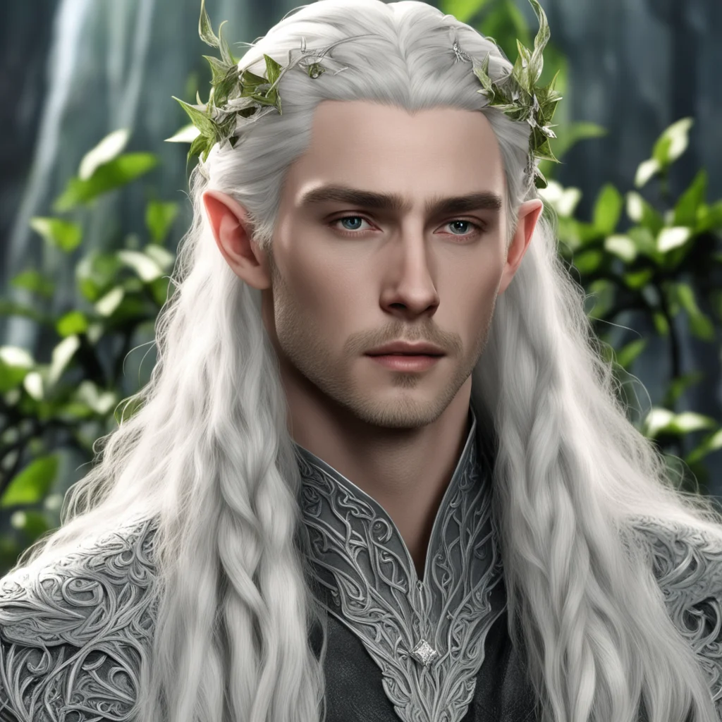 king thranduil with blond hair and braids wearing silver vines and silver ivy leaves with diamonds in the hair confident engaging wow artstation art 3