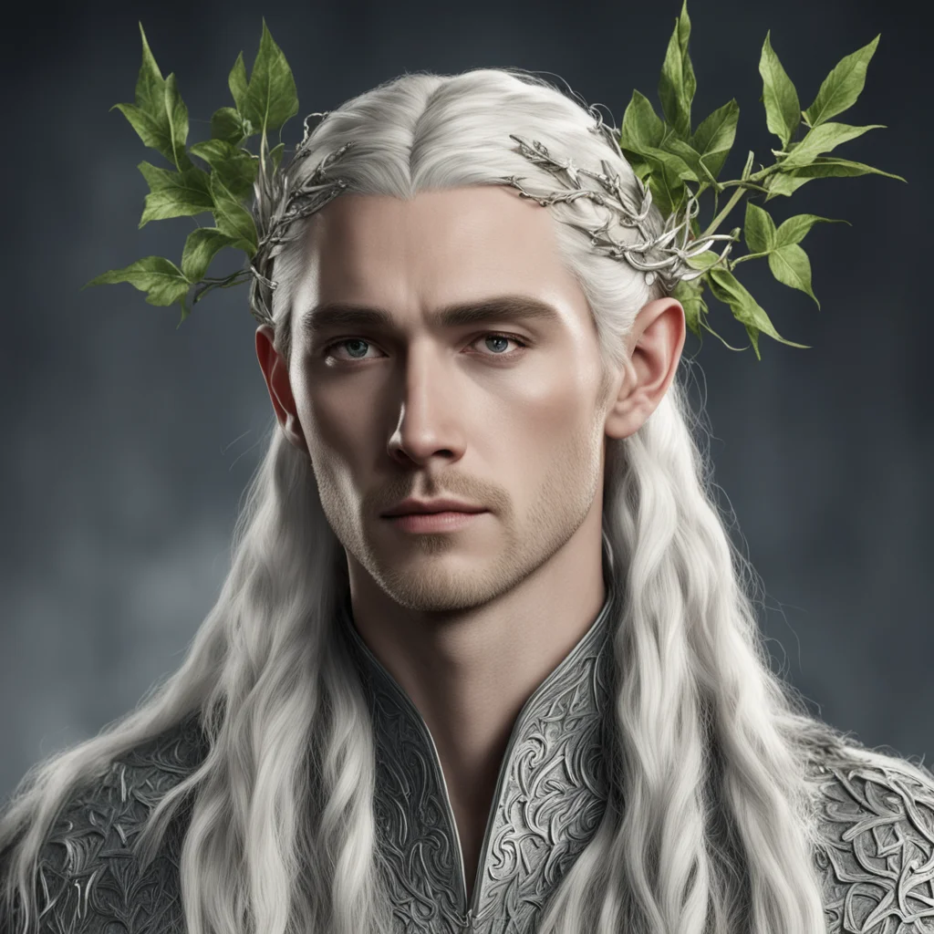 king thranduil with blond hair and braids wearing silver vines and silver ivy leaves with diamonds in the hair