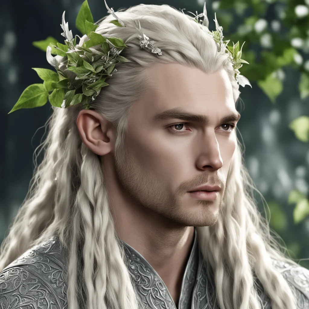 king thranduil with blond hair and braids wearing silver vines and small silver ivy leaves with diamonds on the leaves in the hair good looking trending fantastic 1