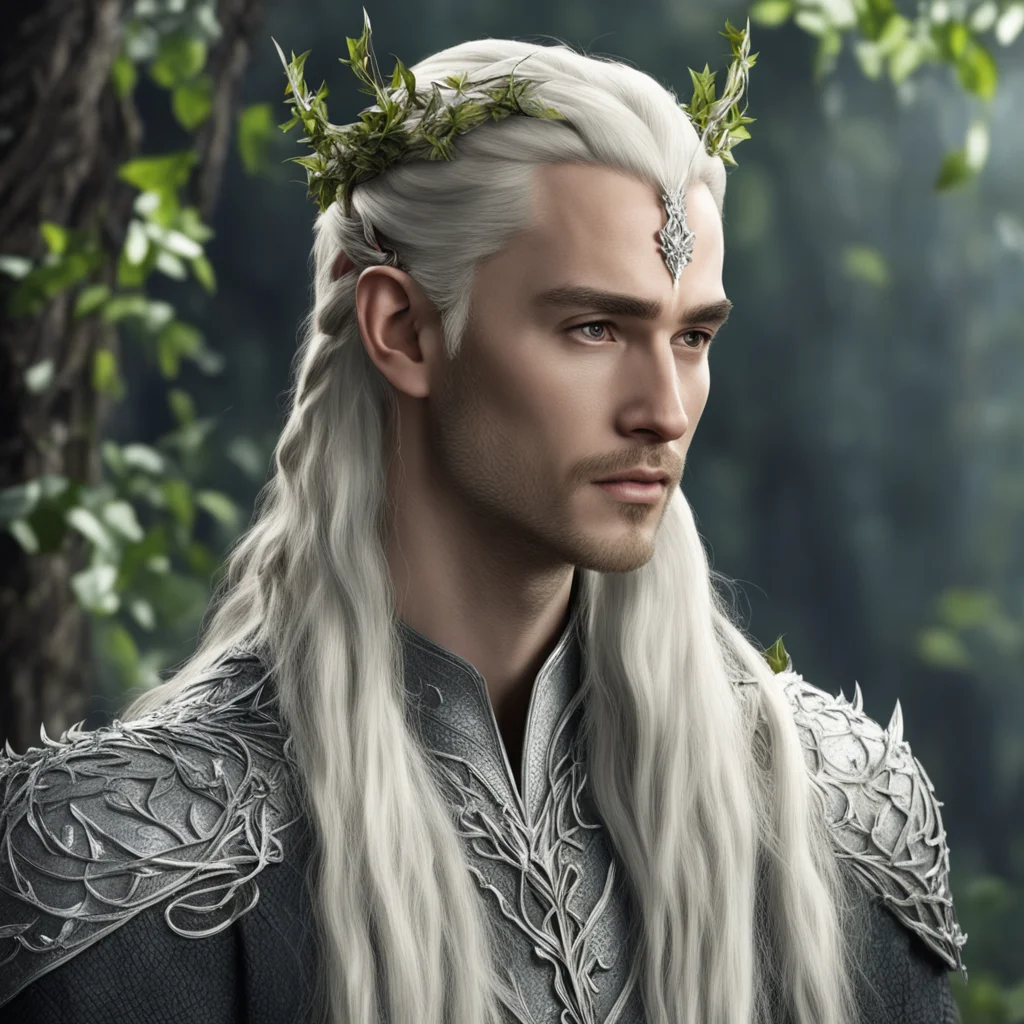 king thranduil with blond hair and braids wearing silver vines and small silver ivy leaves with diamonds on the leaves in the hair